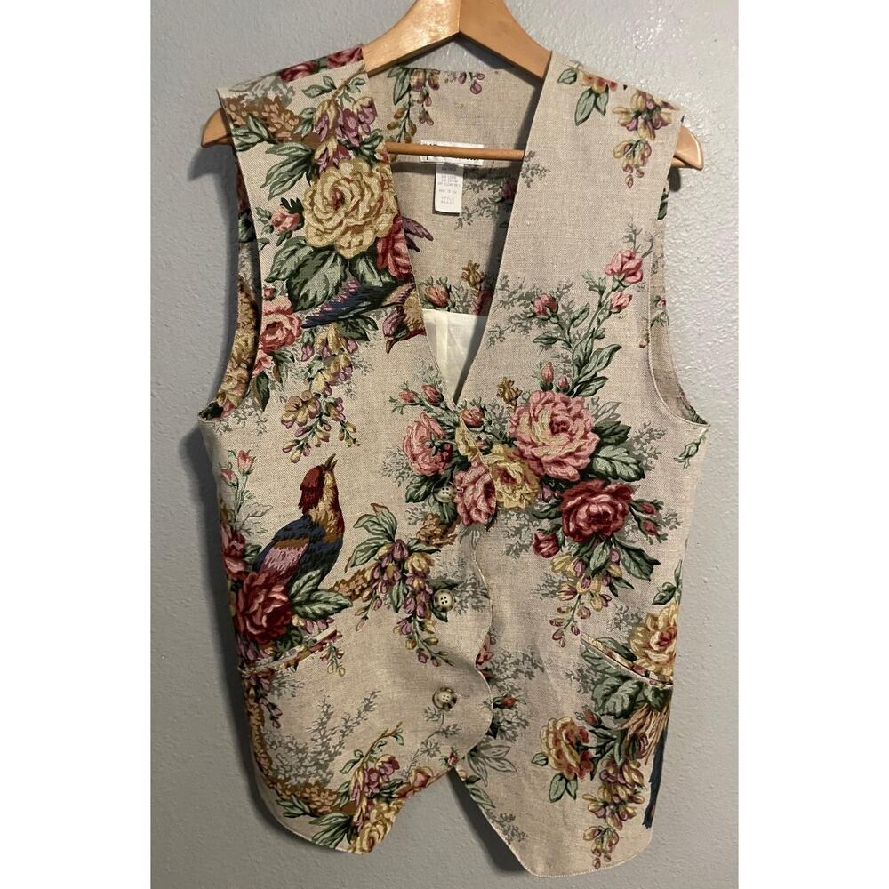 Vintage F.L. Malik Vest Womens Medium Floral Bird Tapestry Boho Cottagecore 90s